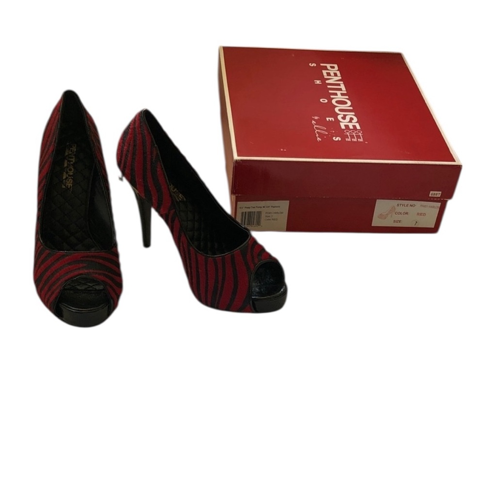 New Women’s size 7 penthouse harlow Red and Black Striped 4.5” Peep Toe heels